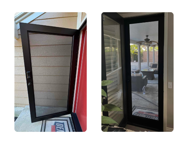 Full-view Den Defenders Centurion security door with stainless steel mesh, clean modern design, and unobstructed visibility